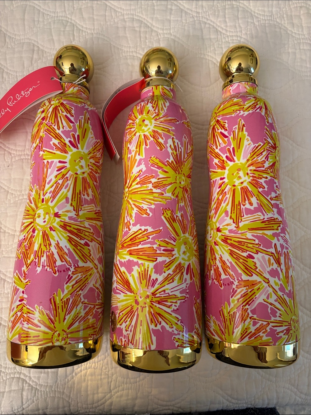 Lilly Pulitzer Pink Yellow Floral Insulated Bottle with Gold Accents